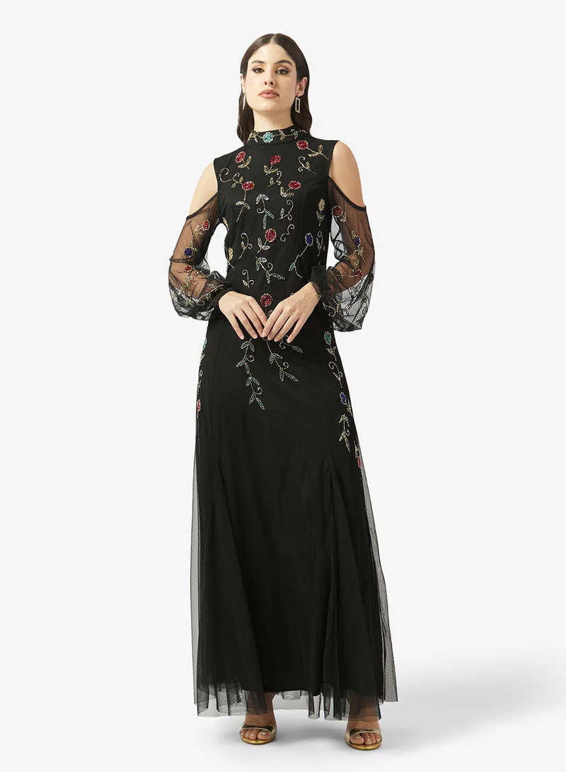 Frock and Frill Embroidered Crew Neck Cold Shoulder Maxi Dress